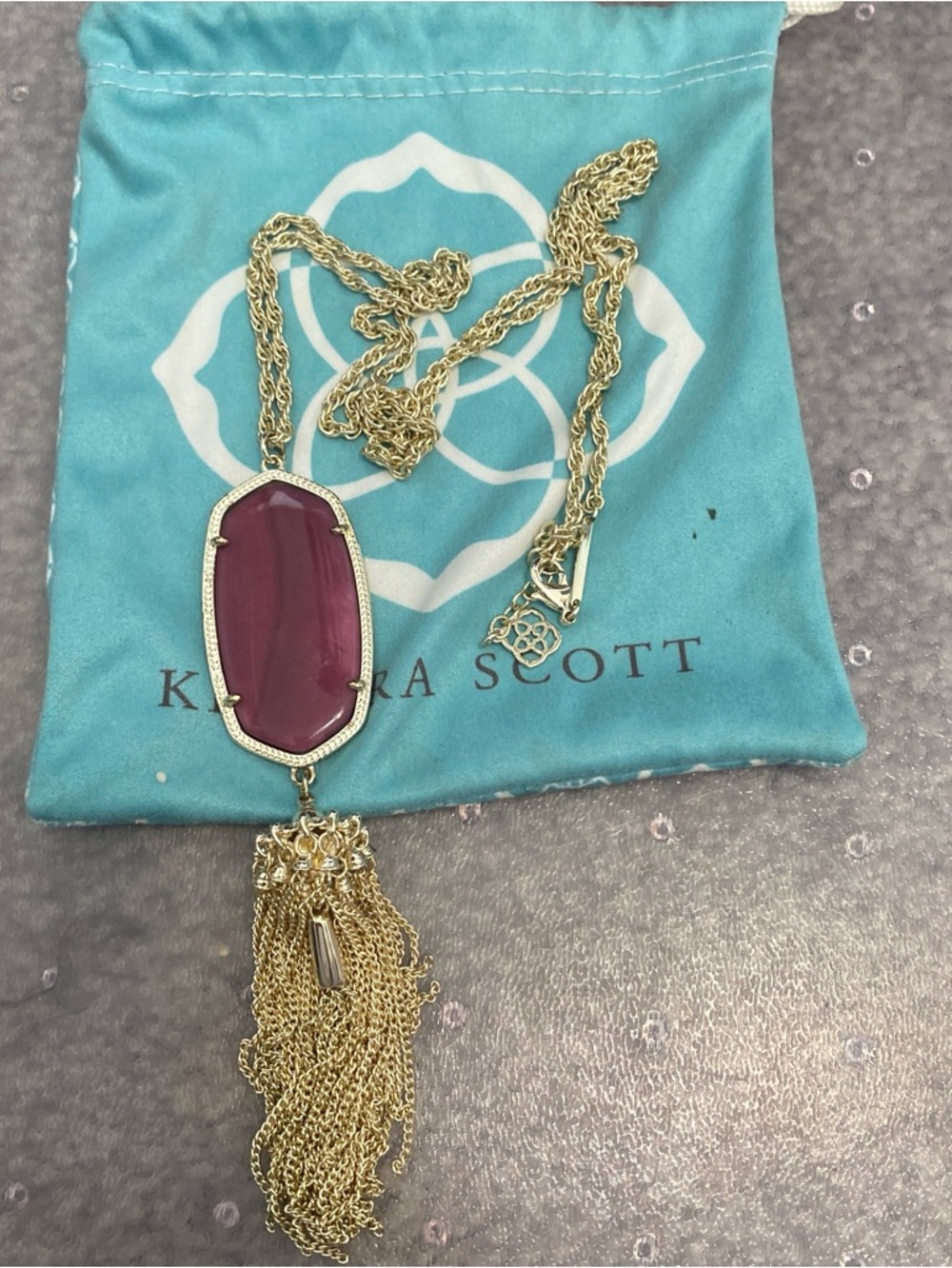 Kendra Scott Gold Tassel Necklace with Berry colored Pendant